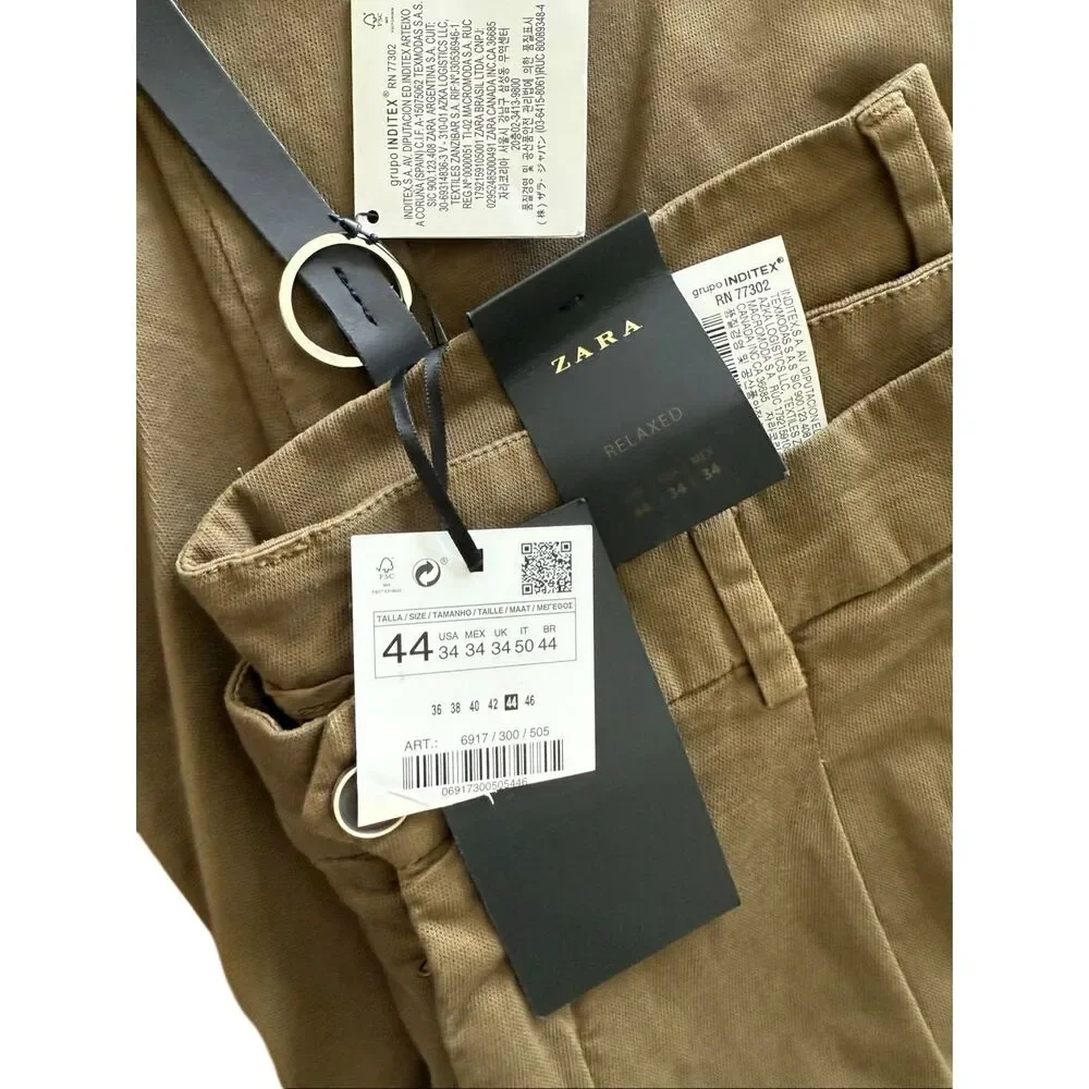 NWT Zara Mens Khaki Pleated Front Relaxed Fit Tapered Twill Chino Pants Sz US 34